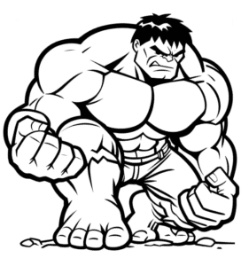 Desenho para colorir do Hulk, agachado em posição de força, destacando sua musculatura e expressão.