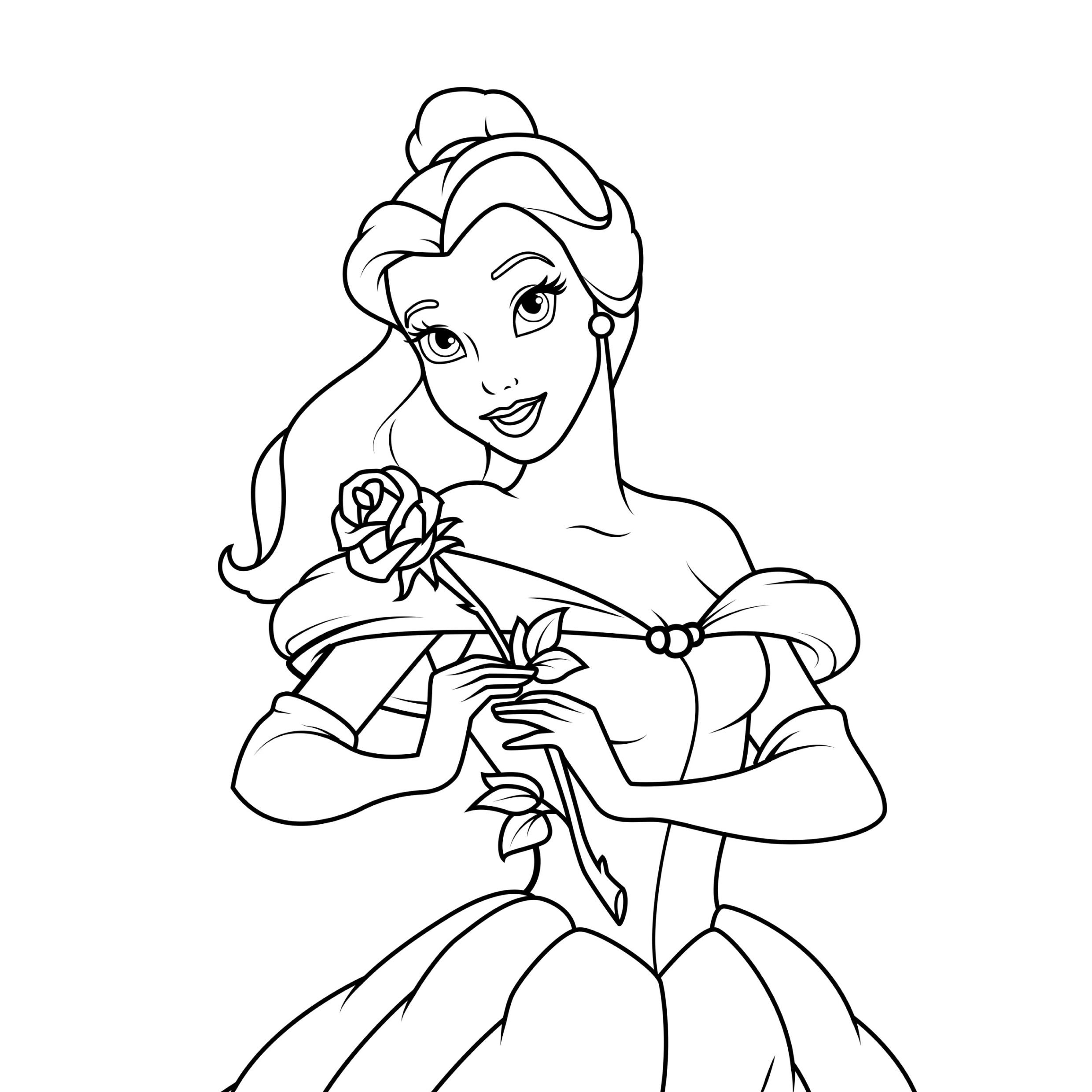A Bela e a Fera segurando uma rosa em um vestido bonito.
