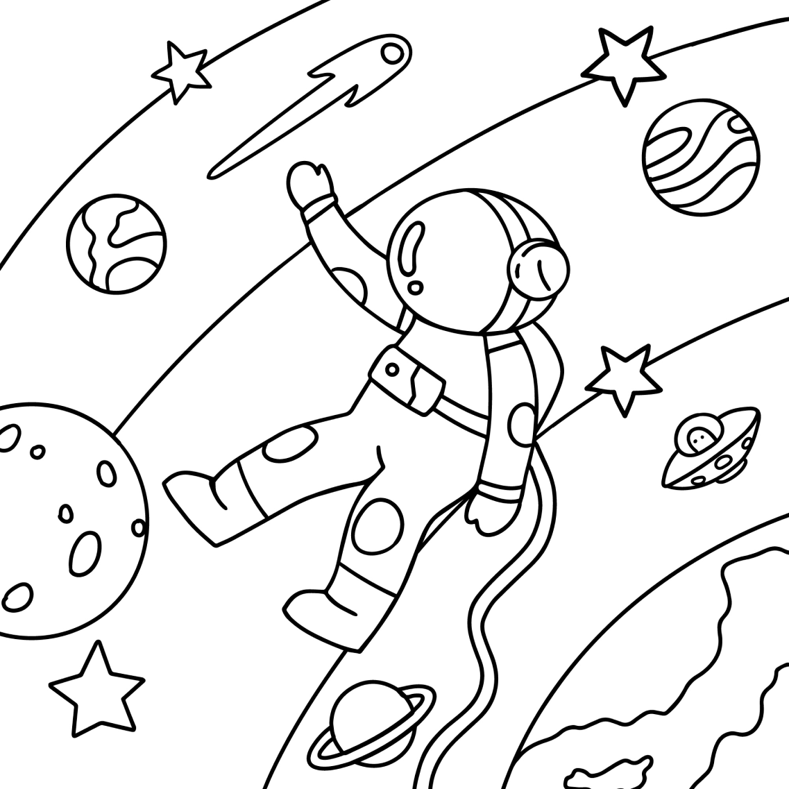Astronauta flutuando no espaço entre planetas do Sistema solar.