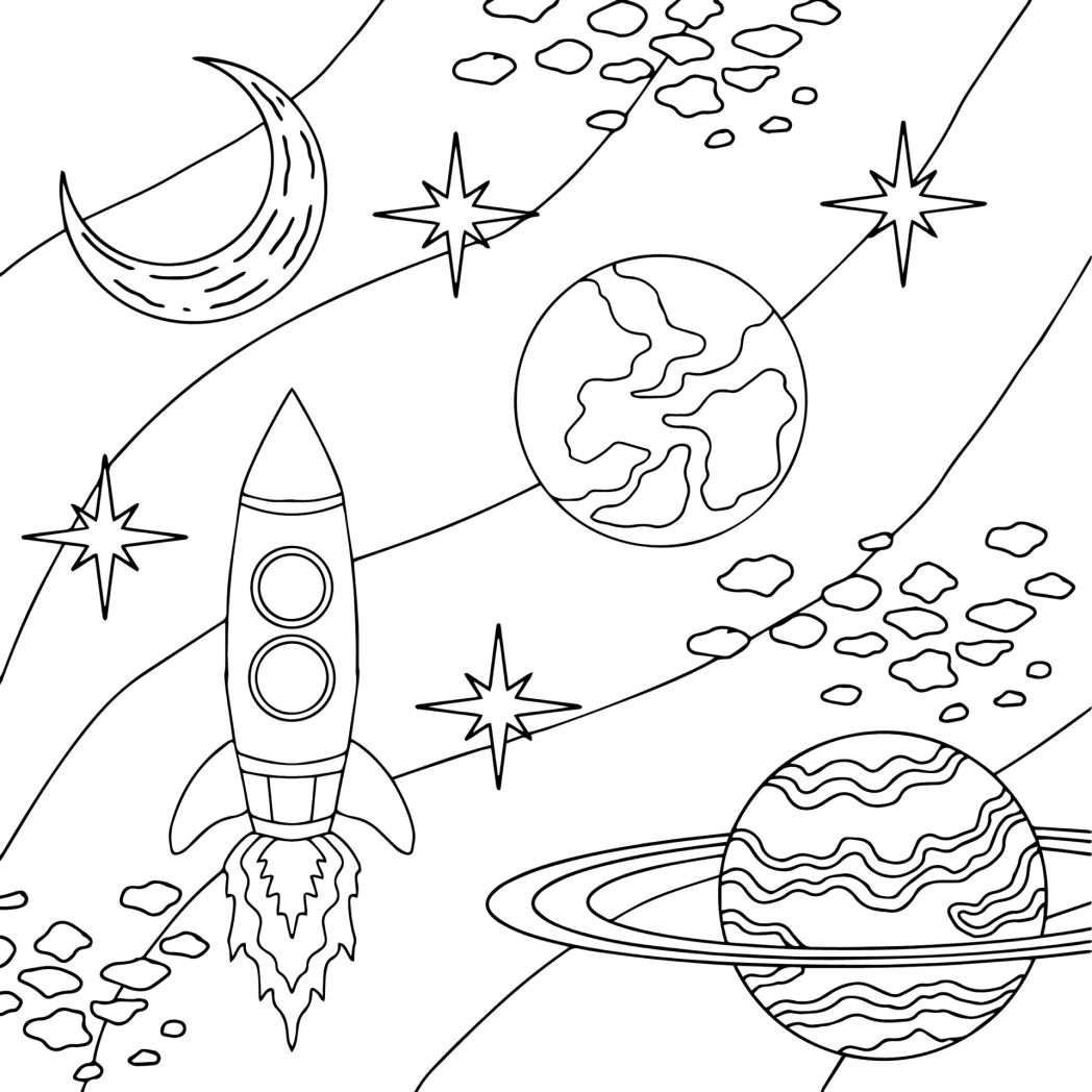 Desenho de Sistema solar com foguete, planetas e estrelas no espaço.