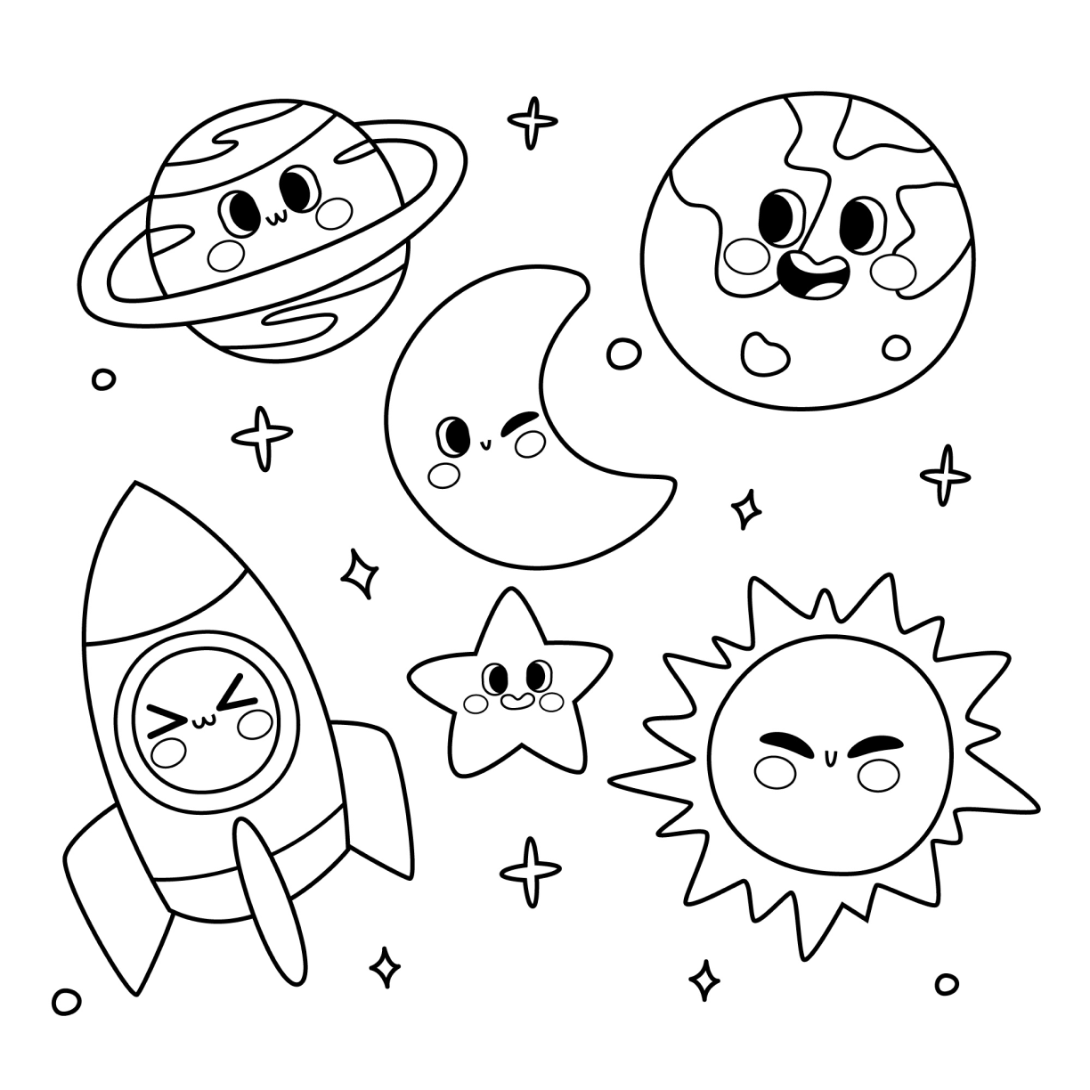 Desenho de Sistema solar com foguete, planetas e estrelas sorridentes.