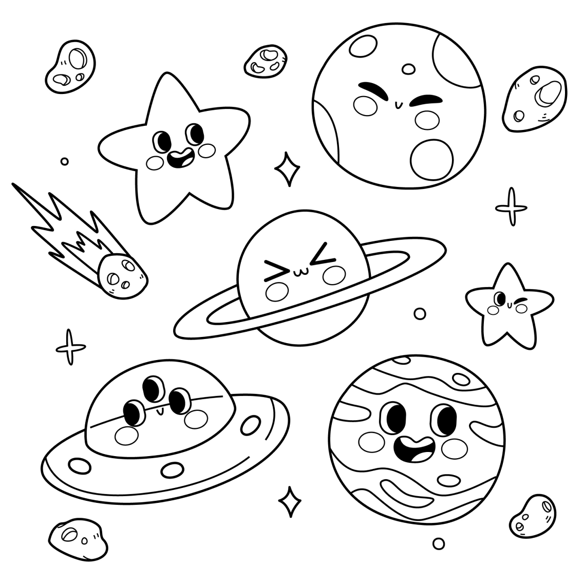 Desenho do Sistema solar com planetas, estrelas e asteroides sorridentes.