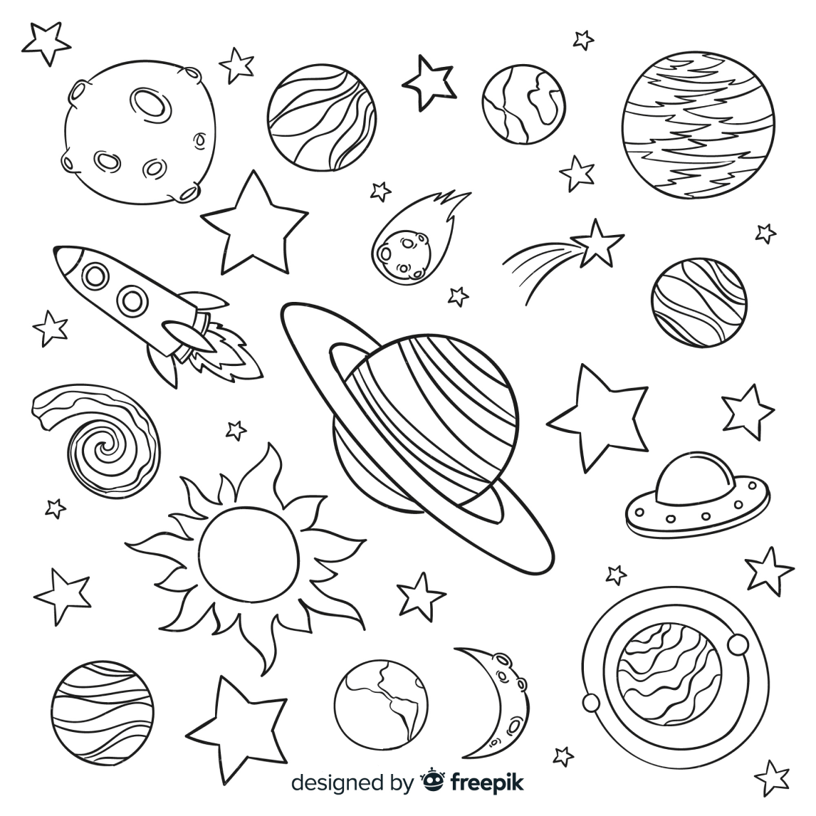 Desenho de Sistema solar com planetas, foguete, estrelas e cometas.