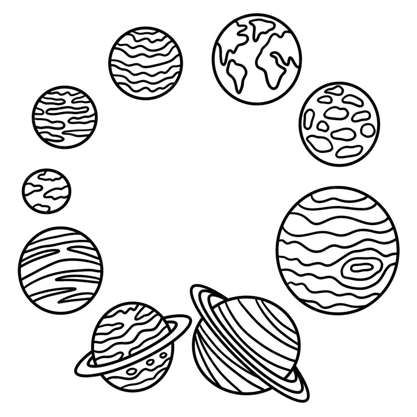 Desenho de planetas em órbita representando o Sistema solar.