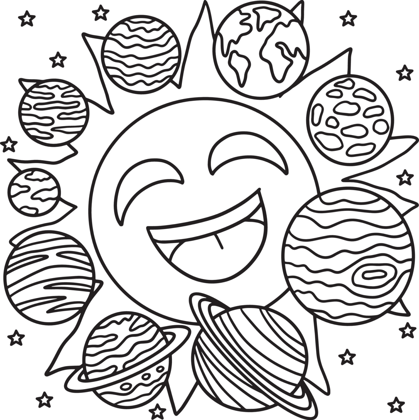 Cena com sol sorridente e planetas do Sistema solar ao redor.