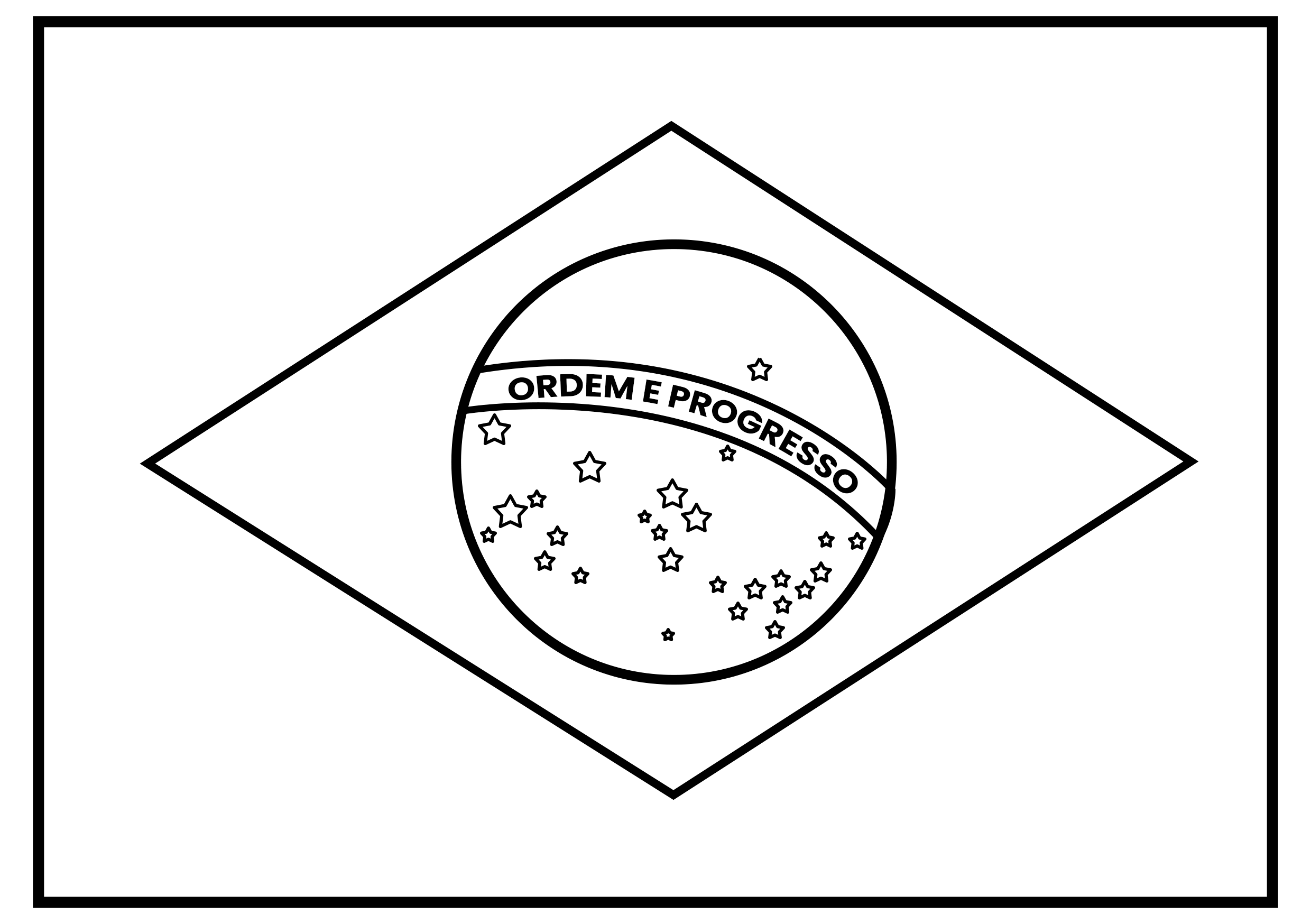 Desenho da Bandeira do Brasil com estrelas e a frase 'ORDEM E PROGRESSO'.