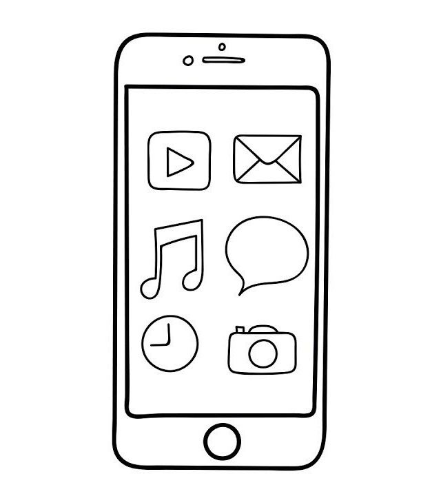 Celular com ícones de aplicativos como música, câmera e mensagens.