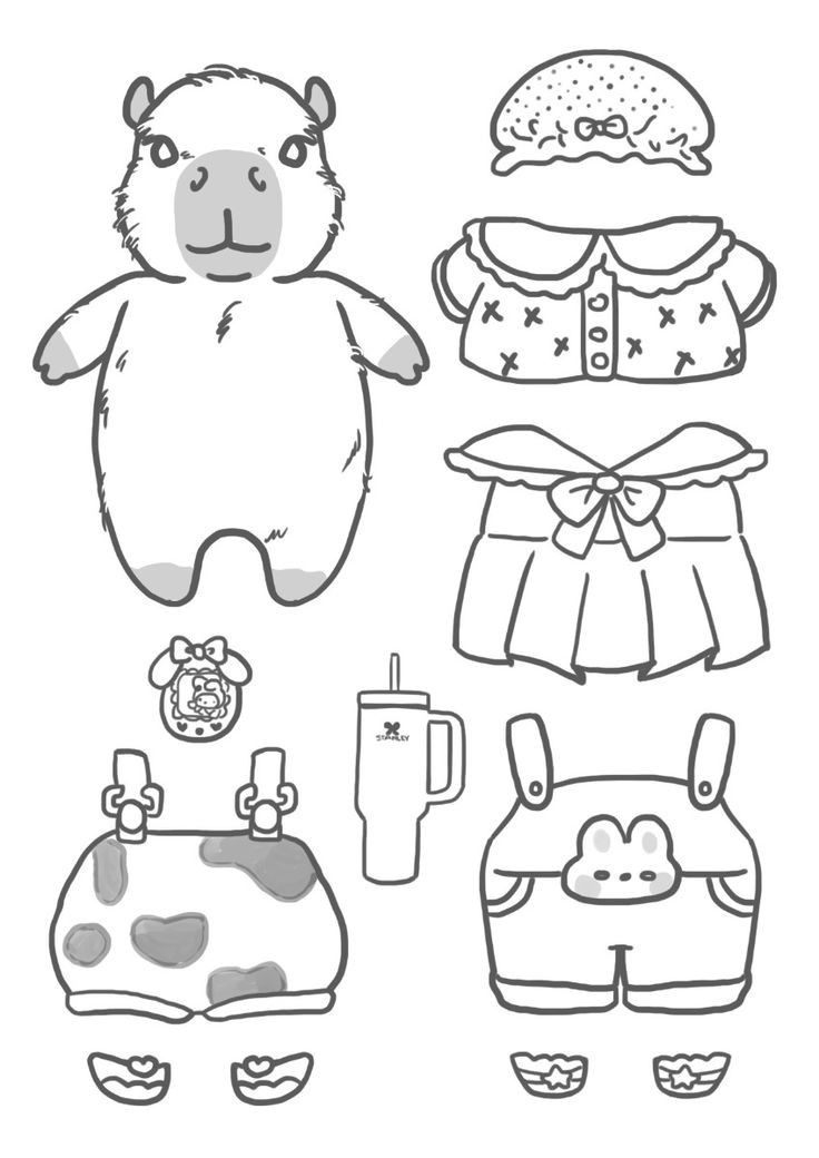 Paper Doll fantasiado de capivara com várias roupas e acessórios.