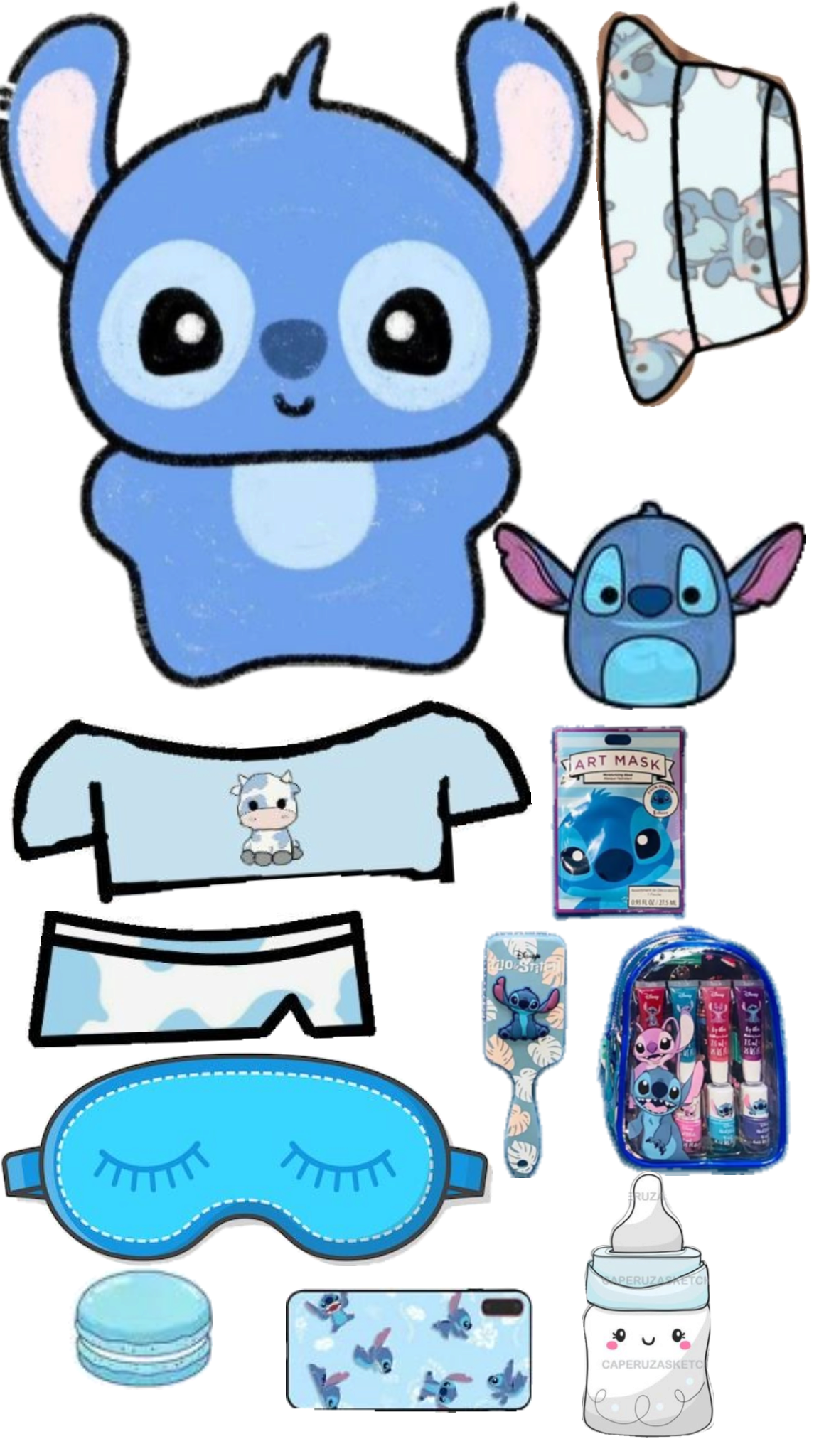 Paper Doll com roupas e acessórios azuis, incluindo mochila e máscara.