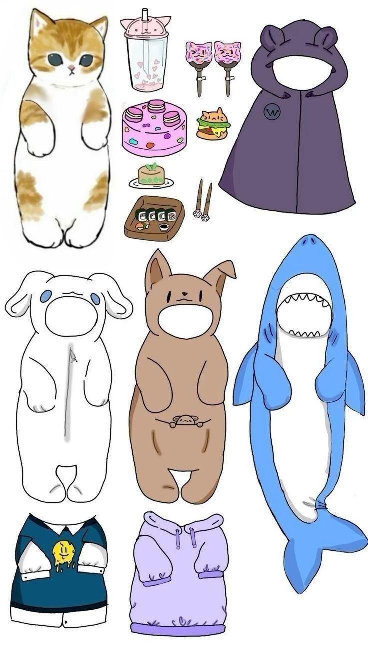 Cenário com Paper Doll e roupas de animais, incluindo gato e tubarão.