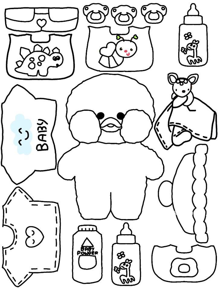 Desenho de Paper Doll com roupas de bebê, mamadeiras e brinquedos.