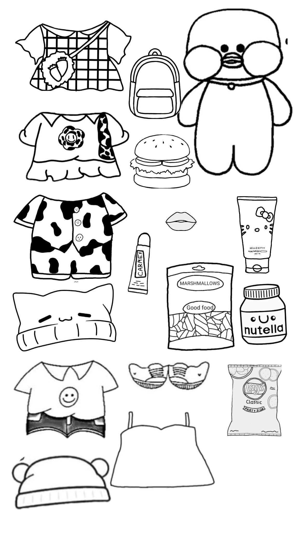 Desenho de Paper Doll com várias roupas casuais e acessórios como mochila e comida.