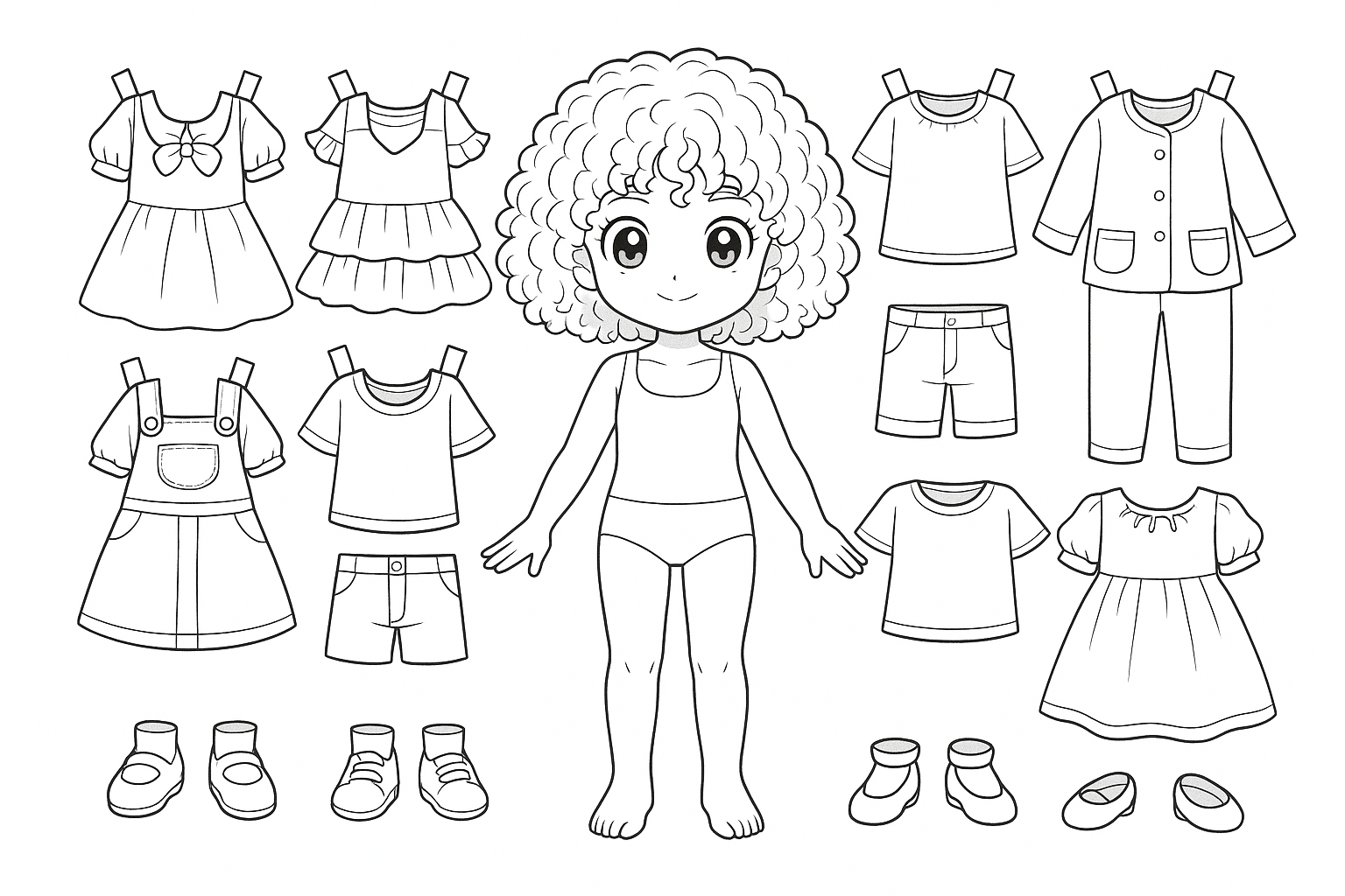 Paper Doll com cabelo cacheado, rodeado de várias roupas e sapatos.
