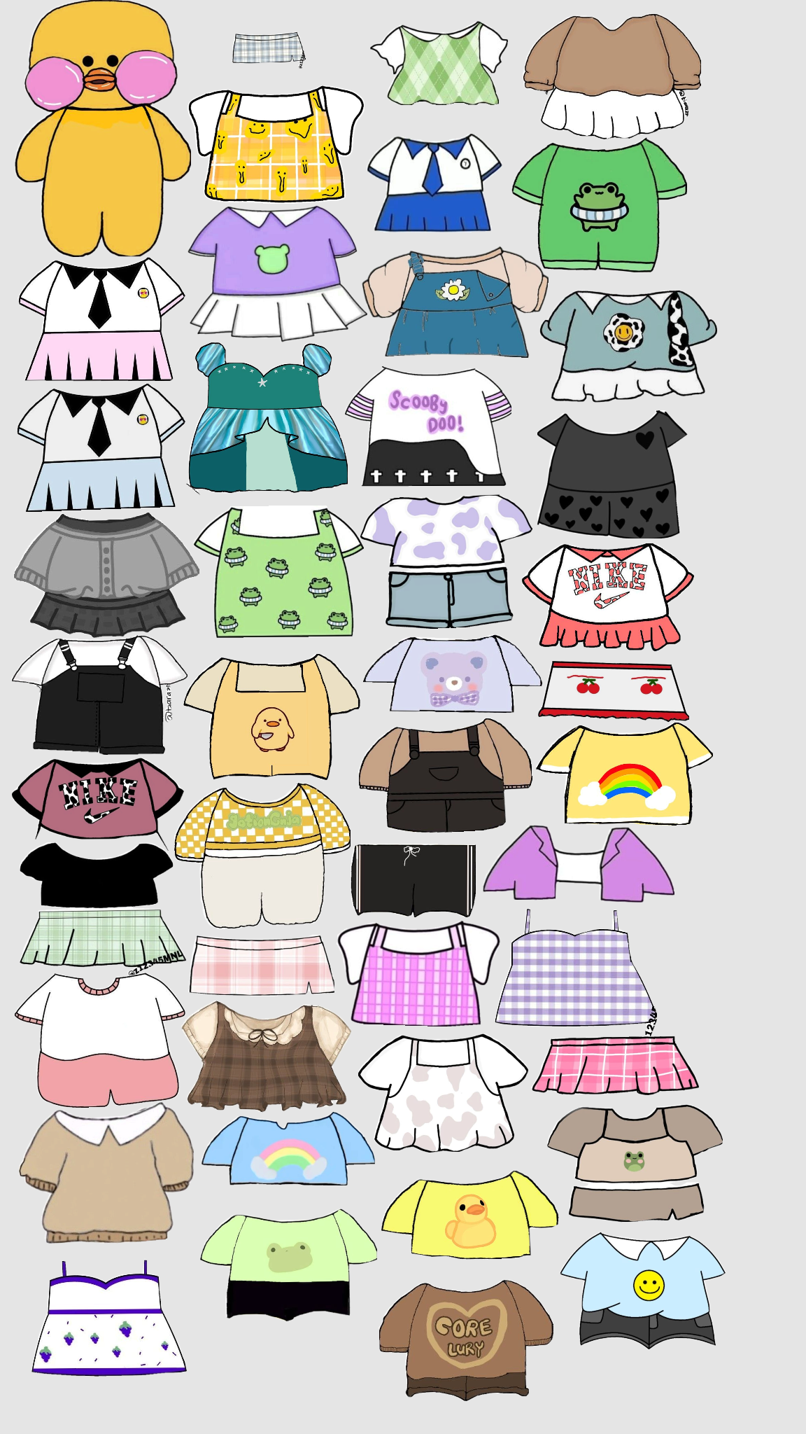 Várias roupas e acessórios para Paper Doll, incluindo camisetas e saias.
