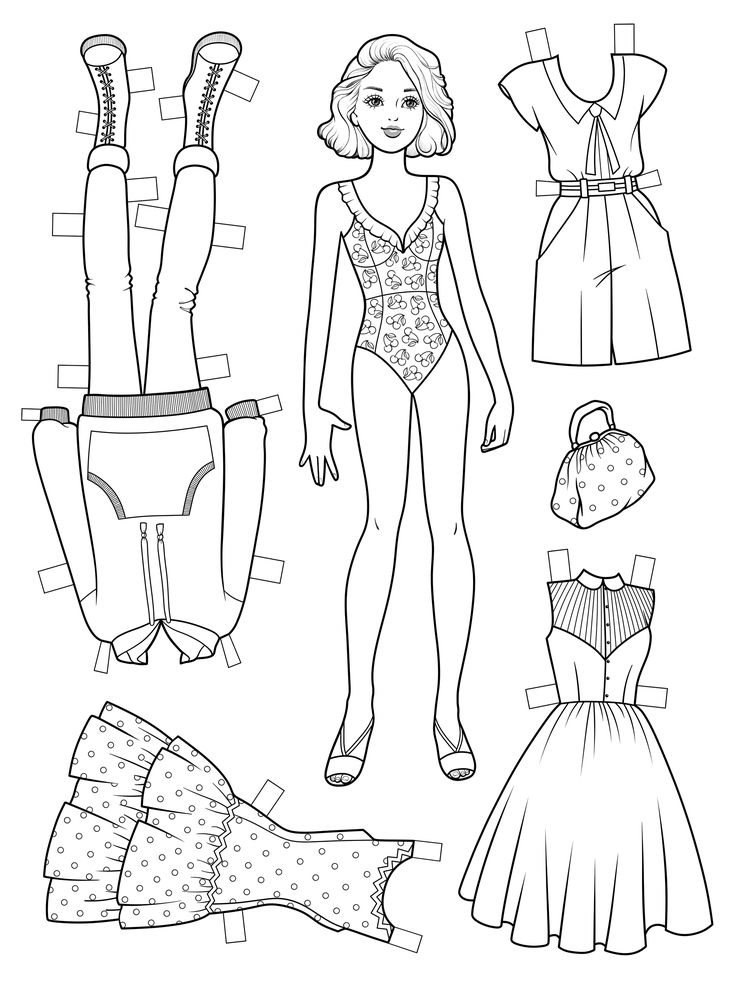 Paper Doll com várias roupas de festa e um acessório de bolsa.