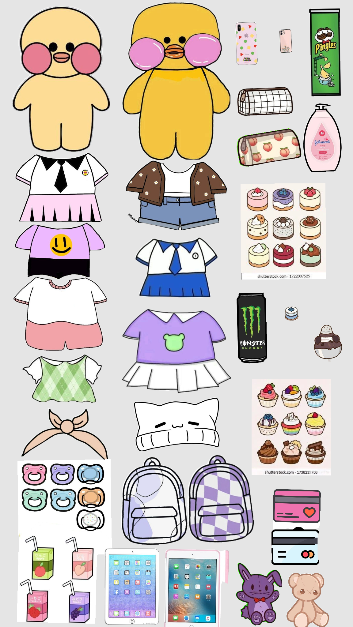 Paper Doll com roupas variadas e acessórios divertidos, incluindo mochilas e roupas de verão.