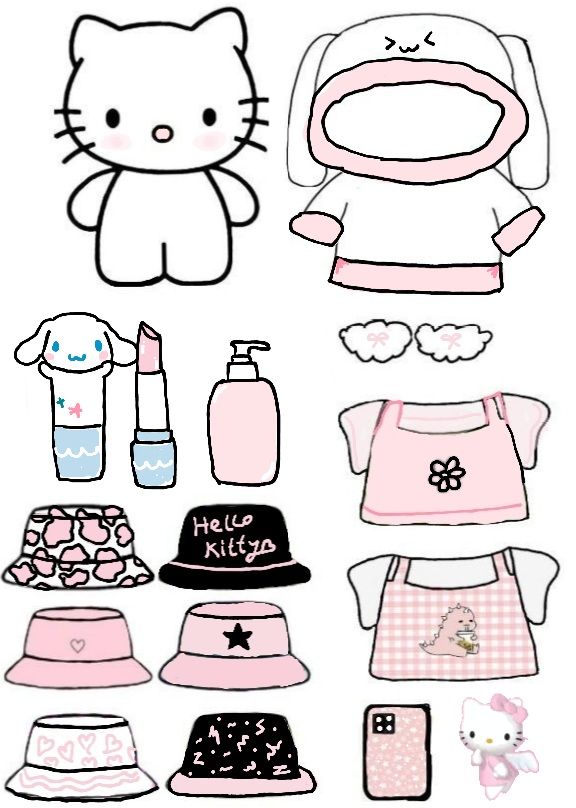 Paper Doll com roupas e acessórios inspirados na Hello Kitty.