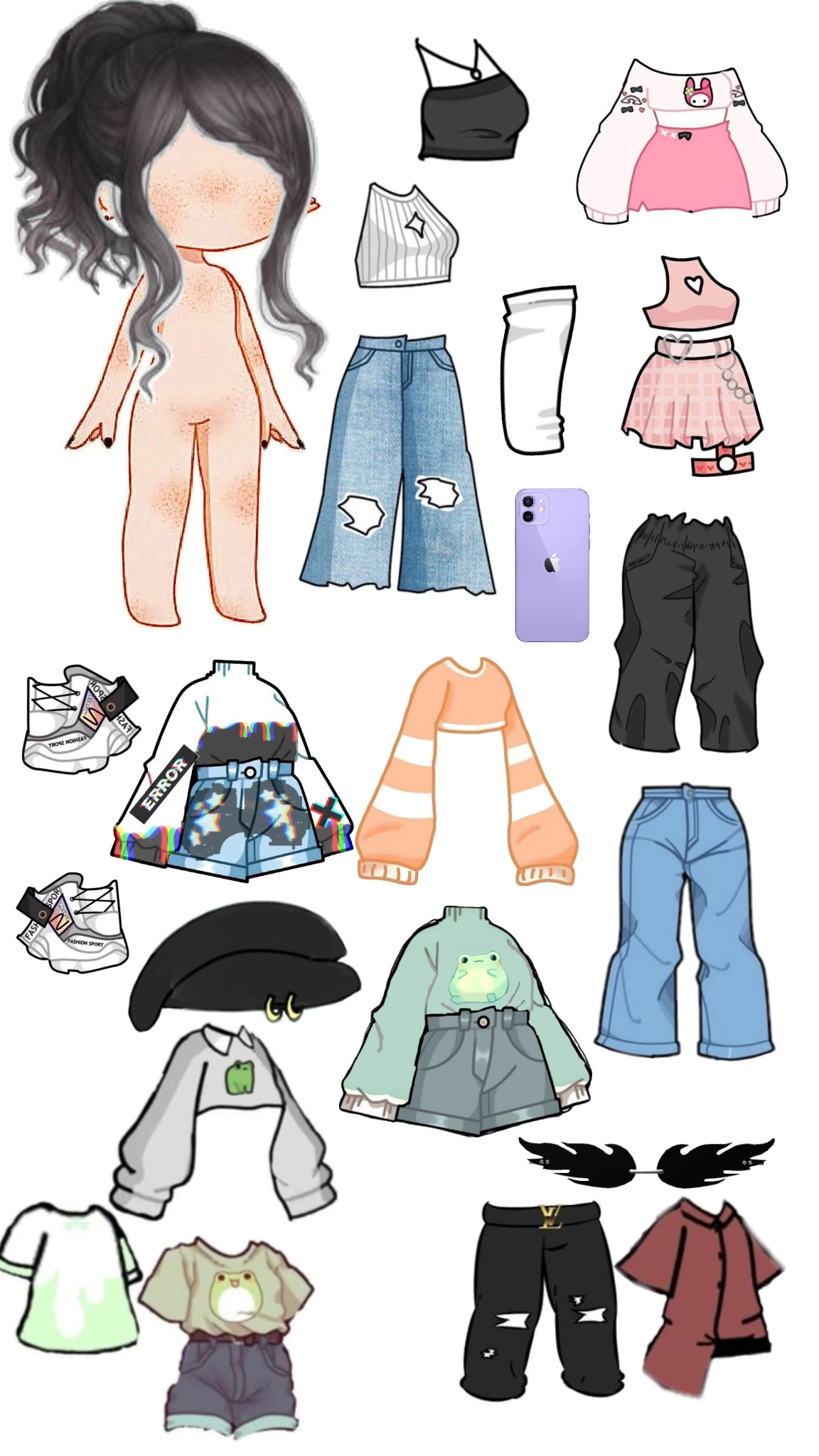 Paper Doll com várias opções de roupas modernas e acessórios para vestir.