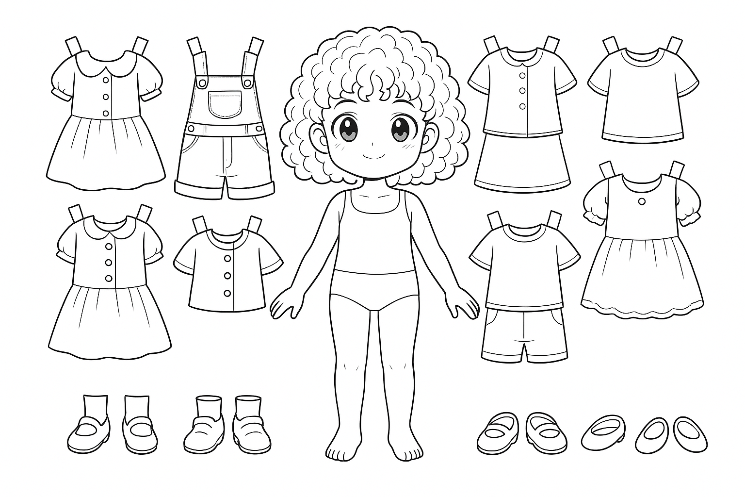 Paper Doll com cabelo cacheado e opções de roupas e sapatos ao redor.