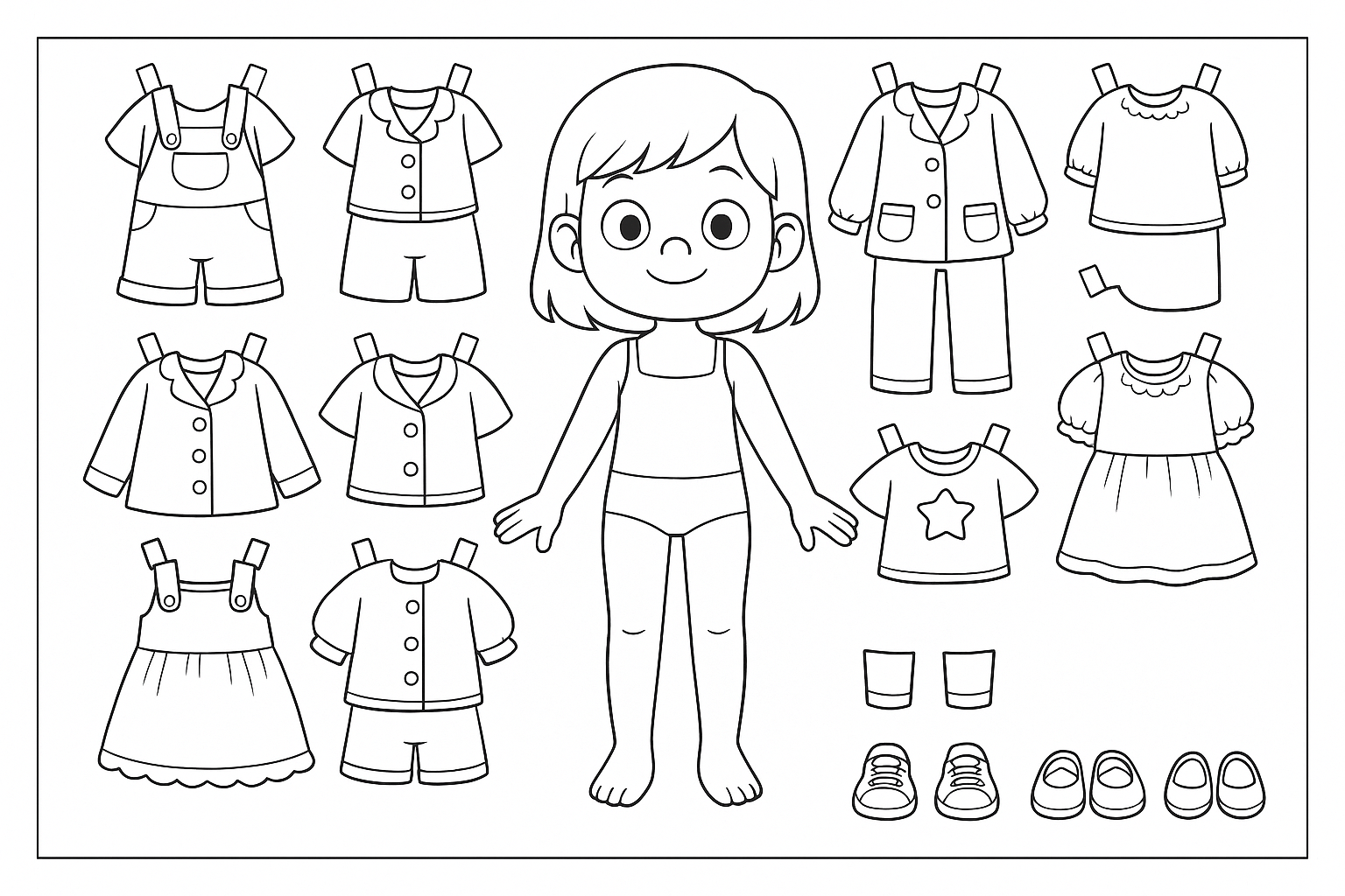 Paper Doll com roupas de verão e sapatos variados ao redor.