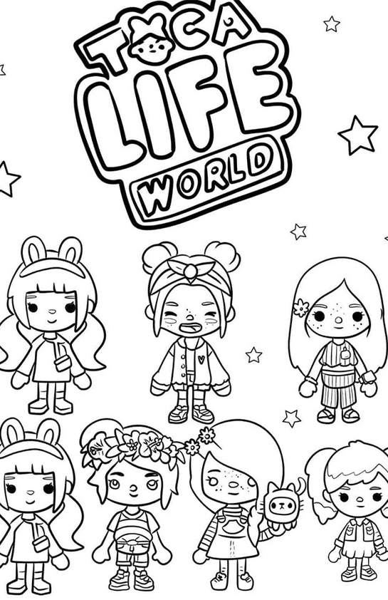 Personagens de Toca Boca World em grupo, com diferentes roupas e acessórios.