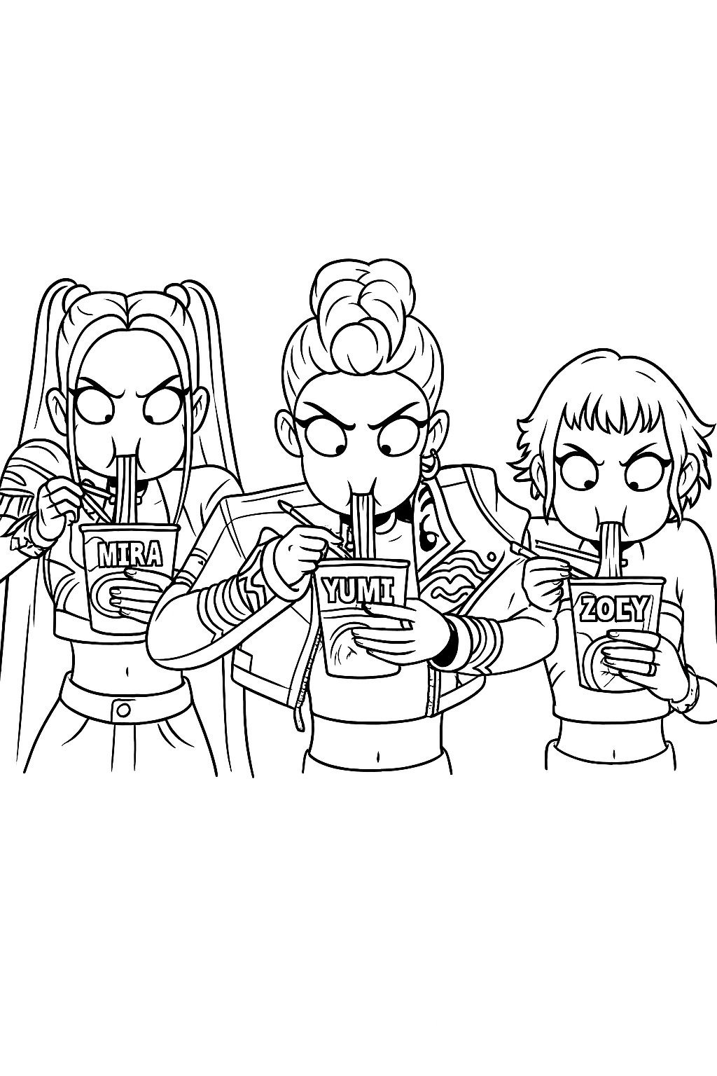 Guerreiras do K-Pop, Mira, Yumi e Zogy, se divertindo com macarrão instantâneo.