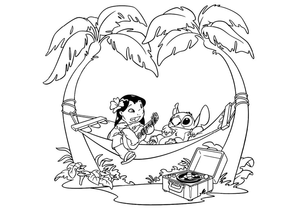 Desenho para colorir de Lilo e Stitch relaxando em uma rede amarrada entre dois coqueiros, com Lilo tocando ukulele e uma vitrola no chão
