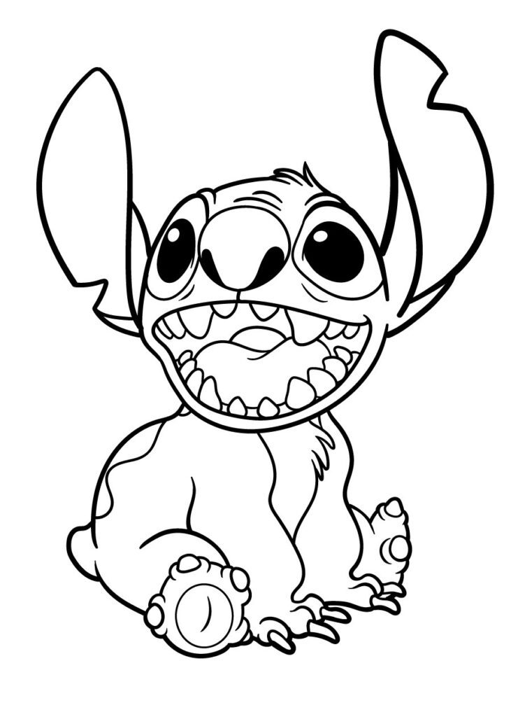 Desenho para colorir de Stitch sentado, com as orelhas para cima e um sorriso grande e feliz mostrando os dentes