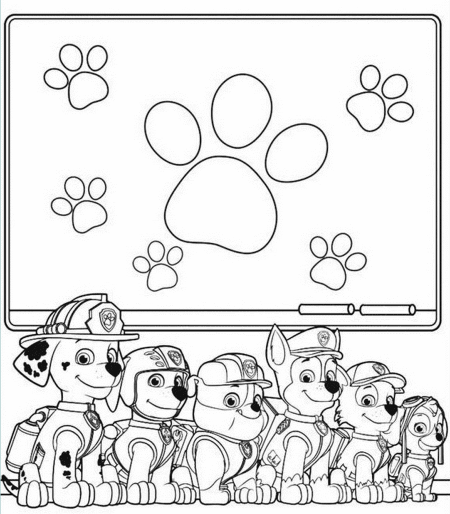 Pinte toda a turma da Patrulha Canina de uma vez! Clique para imprimir. Desenho para colorir dos seis filhotes da Patrulha Canina — Marshall, Zuma, Rubble, Chase, Rocky e Skye — sentados em fila em frente a um quadro branco com desenhos de patas