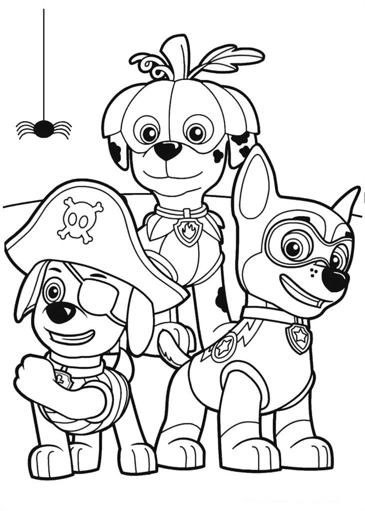 Pinte a festa de Halloween da Patrulha Canina! Clique para imprimir. Desenho para colorir de Halloween com os filhotes da Patrulha Canina: Marshall usando uma abóbora na cabeça, Zuma vestido de pirata e Chase com máscara de herói