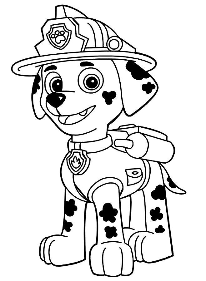 Estou a postos para colorir! Pinte o Marshall, o bombeiro mais valente. Desenho para colorir de Marshall, o dálmata da Patrulha Canina, em pé e sorrindo, usando seu capacete e uniforme de bombeiro