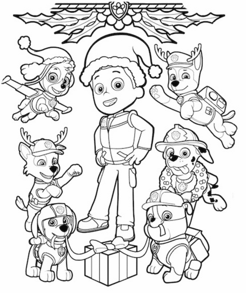 Ho ho ho! A Patrulha Canina deseja um Feliz Natal para colorir! Desenho para colorir de Natal da Patrulha Canina, com Ryder ao centro usando gorro de Papai Noel, cercado pelos seis filhotes com chapéus festivos e chifres de rena, e um presente no chão