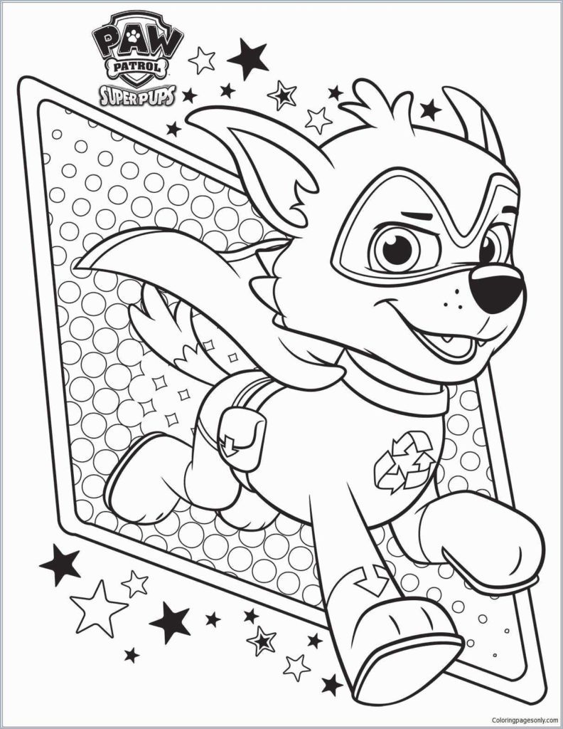 Liberte seus superpoderes na pintura! Vamos colorir o Super Filhote Rocky. Desenho para colorir de Rocky como Super Filhote, usando máscara e capa, em pose de voo dentro de um painel com estrelas e o logo 'Paw Patrol Super Pups'