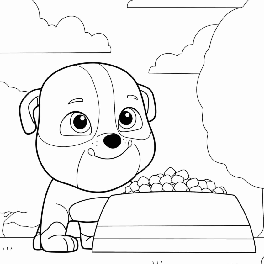 Rubble a postos para comer! Clique para imprimir e colorir. Desenho para colorir de Rubble, o filhote bulldog da Patrulha Canina, sentado em frente a uma tigela cheia de ração em um cenário ao ar livre
