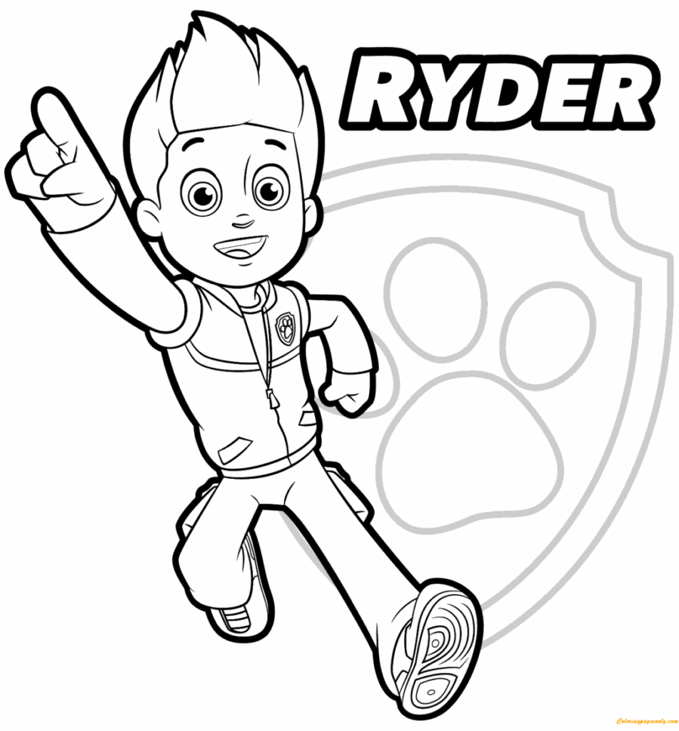 Pinte o Ryder em sua pose de herói! Clique para imprimir. Desenho para colorir de Ryder da Patrulha Canina, correndo e apontando para cima, com o nome 'RYDER' e o escudo da patrulha ao fundo