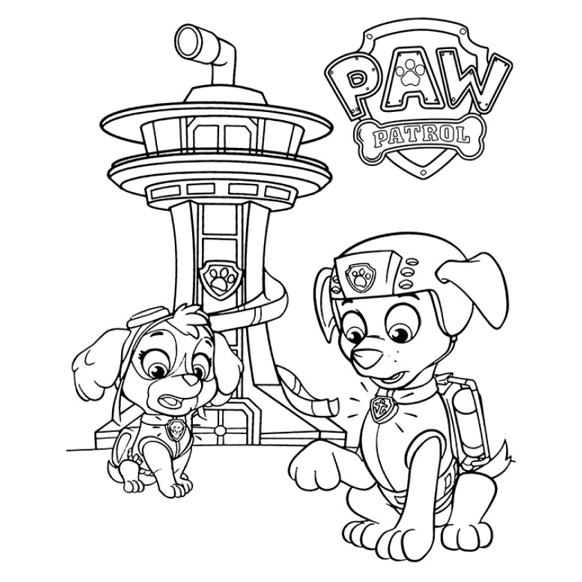 O brasão está brilhando! Vamos colorir a Patrulha Canina em um novo chamado? Desenho para colorir de Zuma e Skye da Patrulha Canina em frente ao Farol de Vigilância, com o logo da 'Paw Patrol' acima