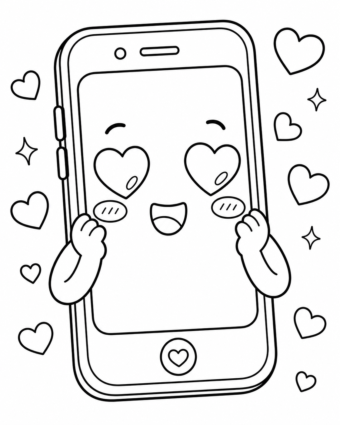 Desenho de celular apaixonado com corações nos olhos para colorir e imprimir