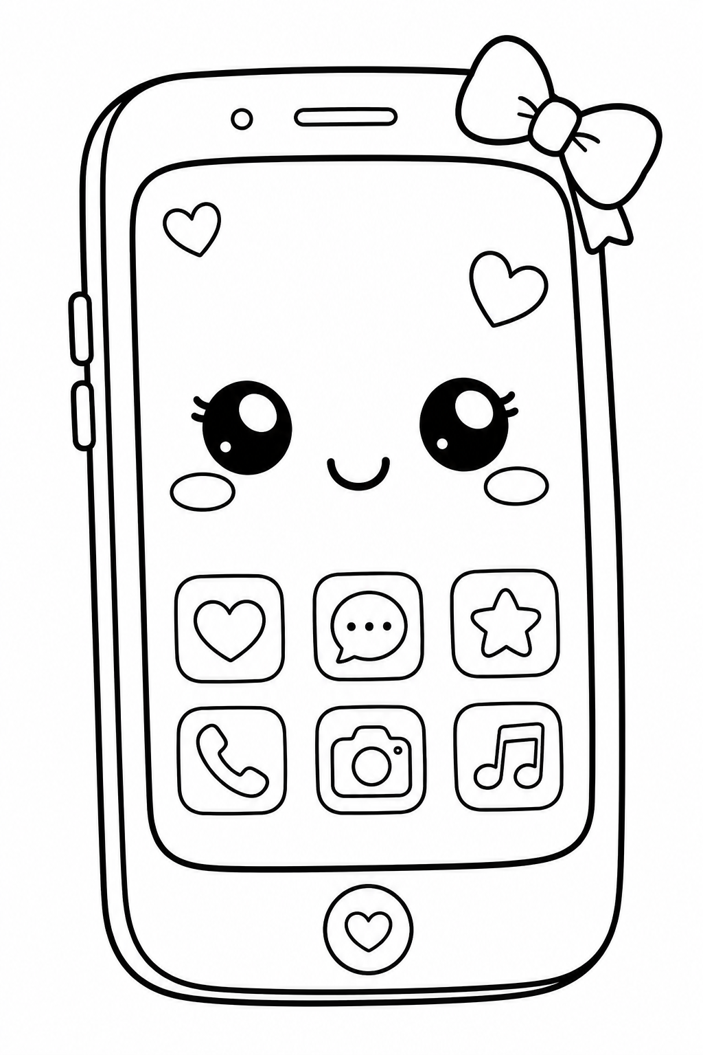 Desenho de celular kawaii com laço para colorir e imprimir