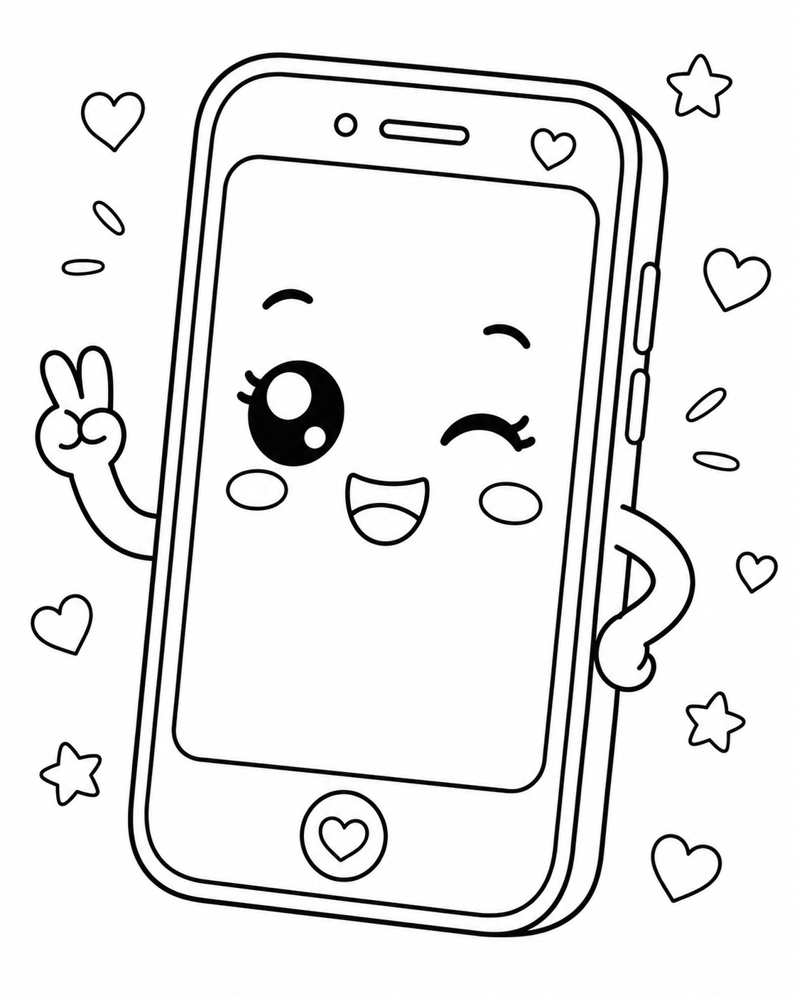 Desenho de celular fofo piscando um olho para colorir e imprimir gratuitamente