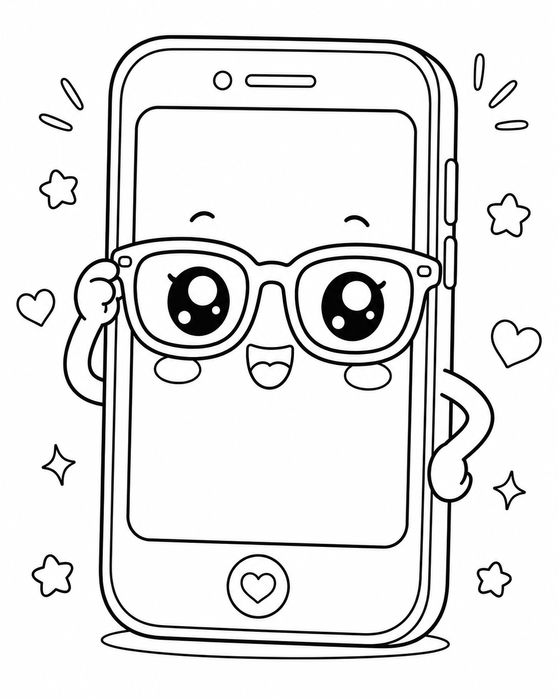 Desenho de celular usando óculos sorrindo para colorir e imprimir em alta qualidade