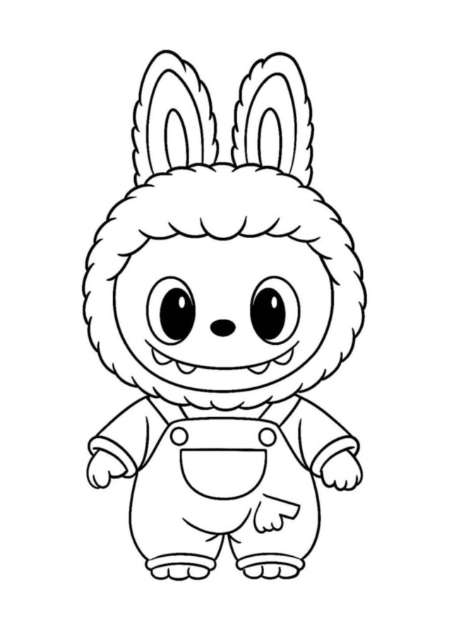Labubu de macacão pronto para colorir! Desenho de Labubu de macacão para colorir. Imprima e use seus lápis de cor para dar vida a este personagem fofo e divertido.