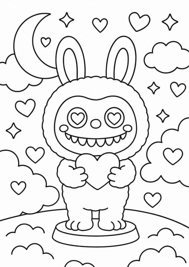Desenho de Labubu apaixonado para colorir! Desenho de Labubu segurando um coração, com corações nos olhos, para colorir. Ideal para atividades infantis com tema de amor e carinho.