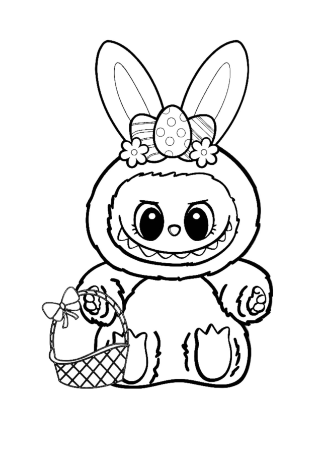 Labubu de Páscoa para colorir e imprimir! Desenho de Labubu fantasiado de coelho da Páscoa segurando uma cesta de ovos decorados, pronto para imprimir e colorir.