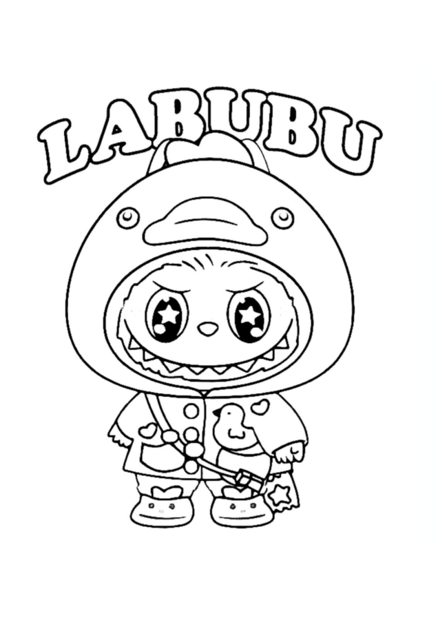 Desenho de Labubu para imprimir e colorir! Desenho de Labubu com roupa de pato pronto para colorir e imprimir. Ideal para atividades infantis e diversão criativa.
