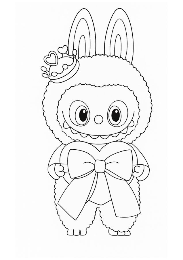 Labubu kawaii com coroa e laço para colorir Desenho de Labubu kawaii com coroa e um grande laço no corpo, pronto para imprimir e colorir. Atividade criativa para crianças e adultos.