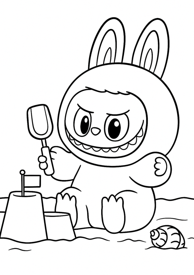 Labubu na praia para colorir! Desenho de Labubu fantasiado brincando na areia com baldinho e castelo, pronto para imprimir e colorir. Página para atividades infantis.