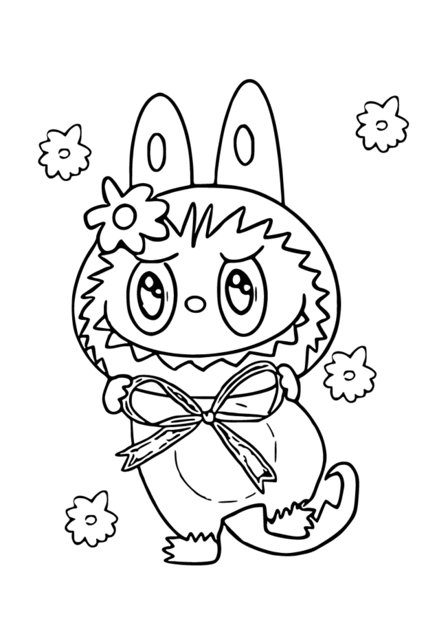 Labubu com laço para colorir e imprimir! Desenho de Labubu com laço e flor para colorir. Imagem em preto e branco ideal para atividades infantis e estimular a criatividade.