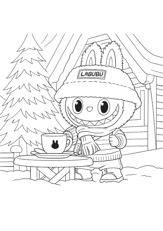 Labubu Inverno para colorir: Imprima e divirta-se! Desenho de Labubu no inverno para colorir. Labubu com gorro e cachecol perto de uma xícara de chá em uma paisagem nevada.