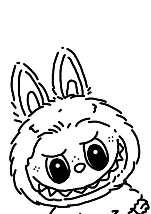 Labubu para colorir: baixe e pinte! Desenho de Labubu sorrindo, estilo kawaii, pronto para imprimir e colorir. Ideal para atividades criativas e relaxantes.