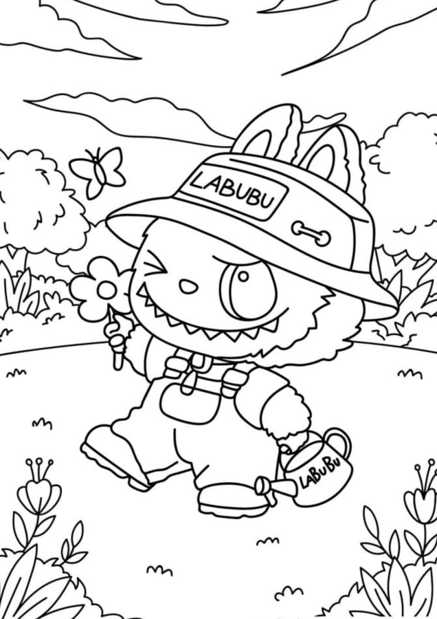 Labubu jardineiro para colorir Desenho de Labubu jardineiro com chapéu e regador para colorir. Imprima e divirta-se!